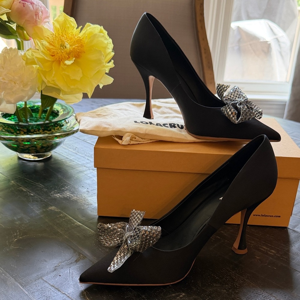 Black Satin Pointed-Toe Pumps with Crystal Bow